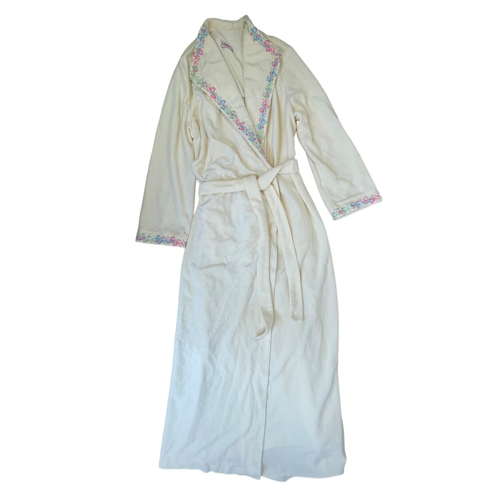 Vtg Evelyn Pearson Lounge Robe Women M Ivory Embroidered Trim Soft 44" Wide Back - Picture 4 of 11